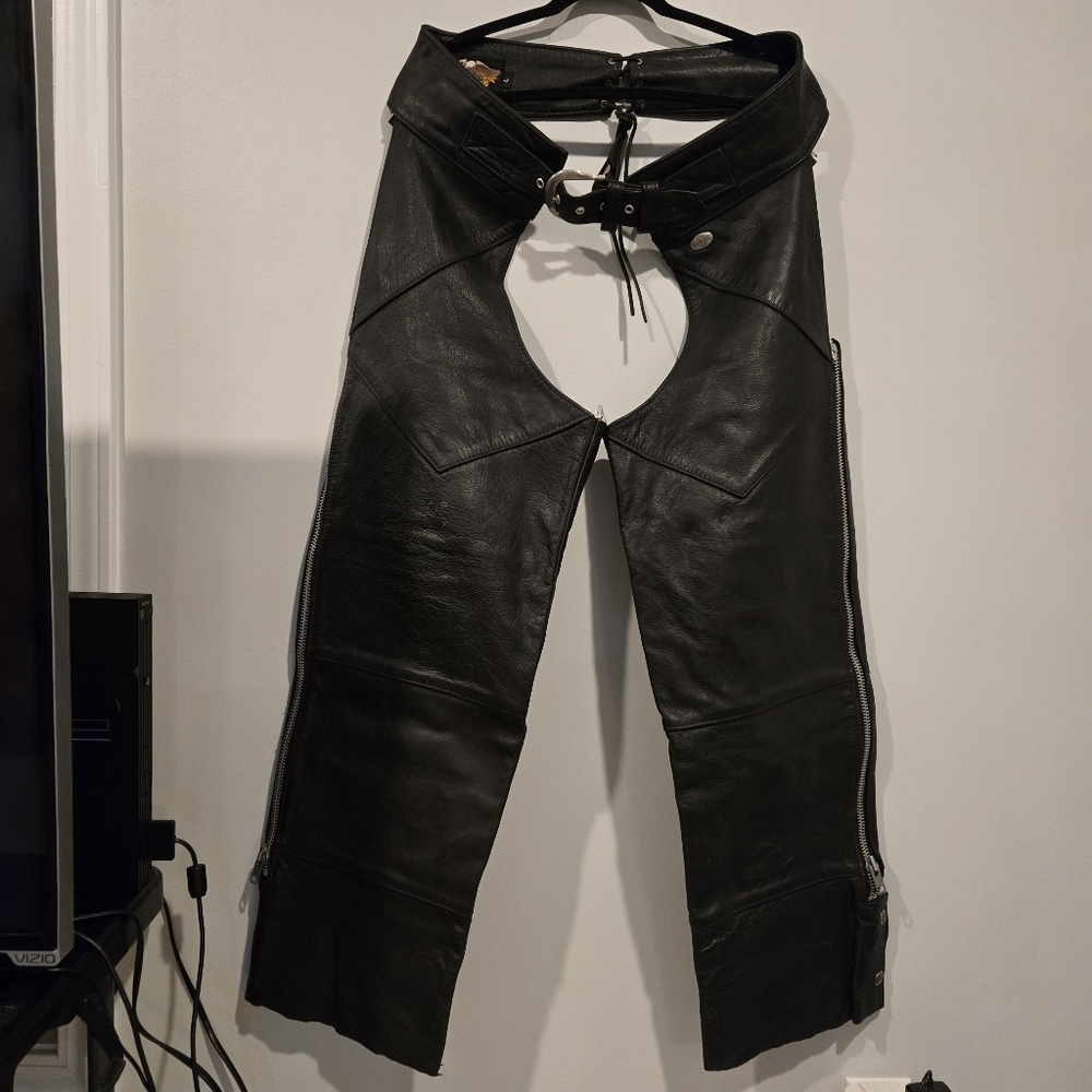 Vintage 90s Harley Davidson Women's Black Leather Riding Chaps Large Made In USA